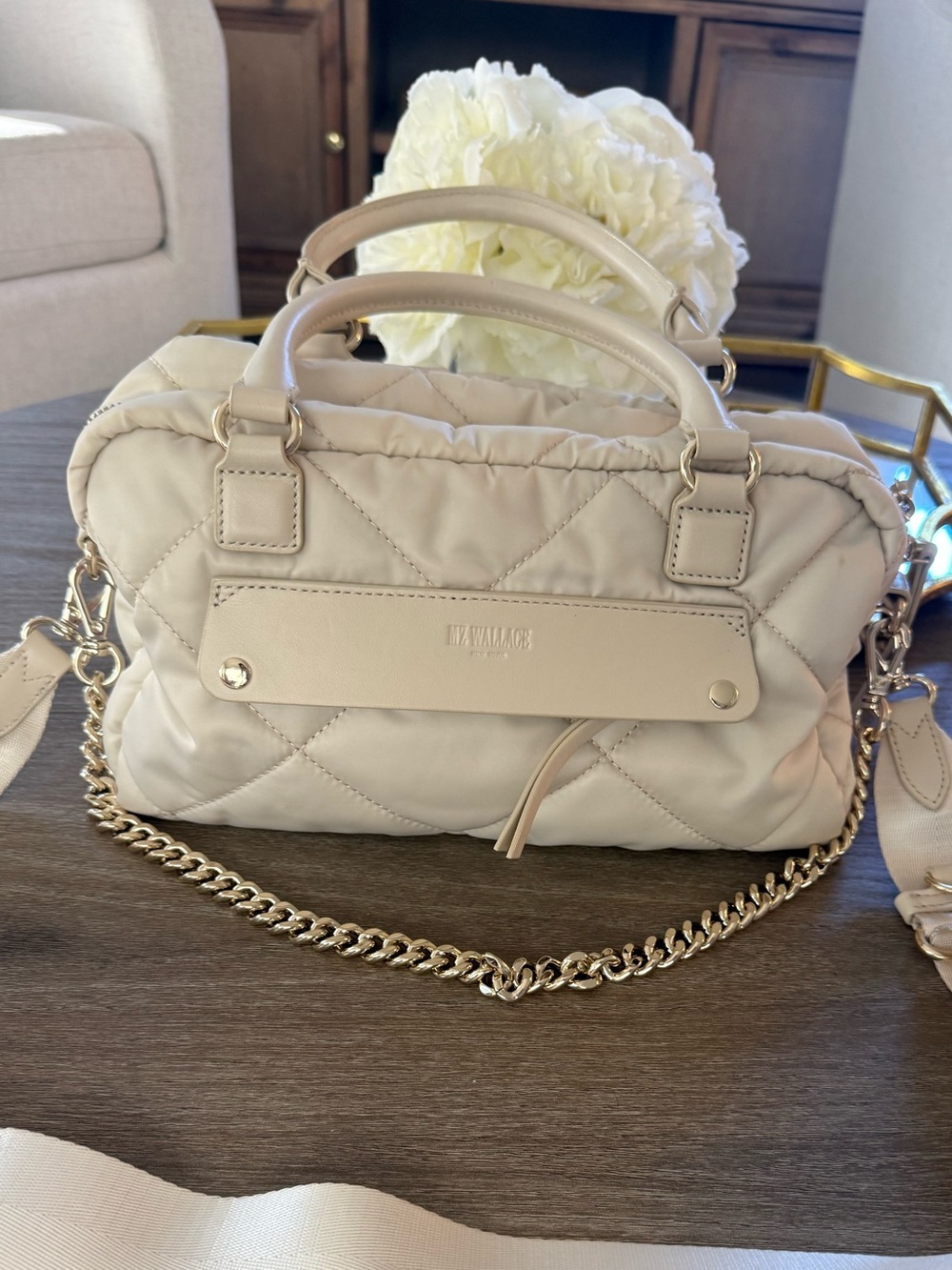 MZ WALLACE Madison top handle bag in quilted nylon and leather in cream handbag